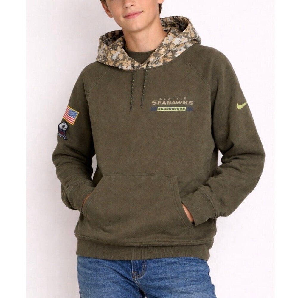 Nike Seattle Seahawks Youth boys LG Hoodie olive green Salute to Troops-flawed